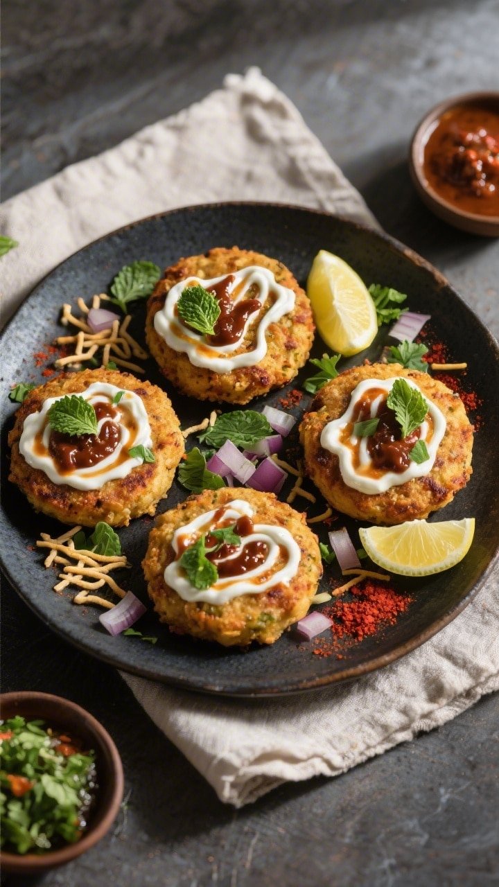 Overhead final presentation: Aloo tikki chaat platter—five evenly browned, 1/2-inch-thick tikkis a