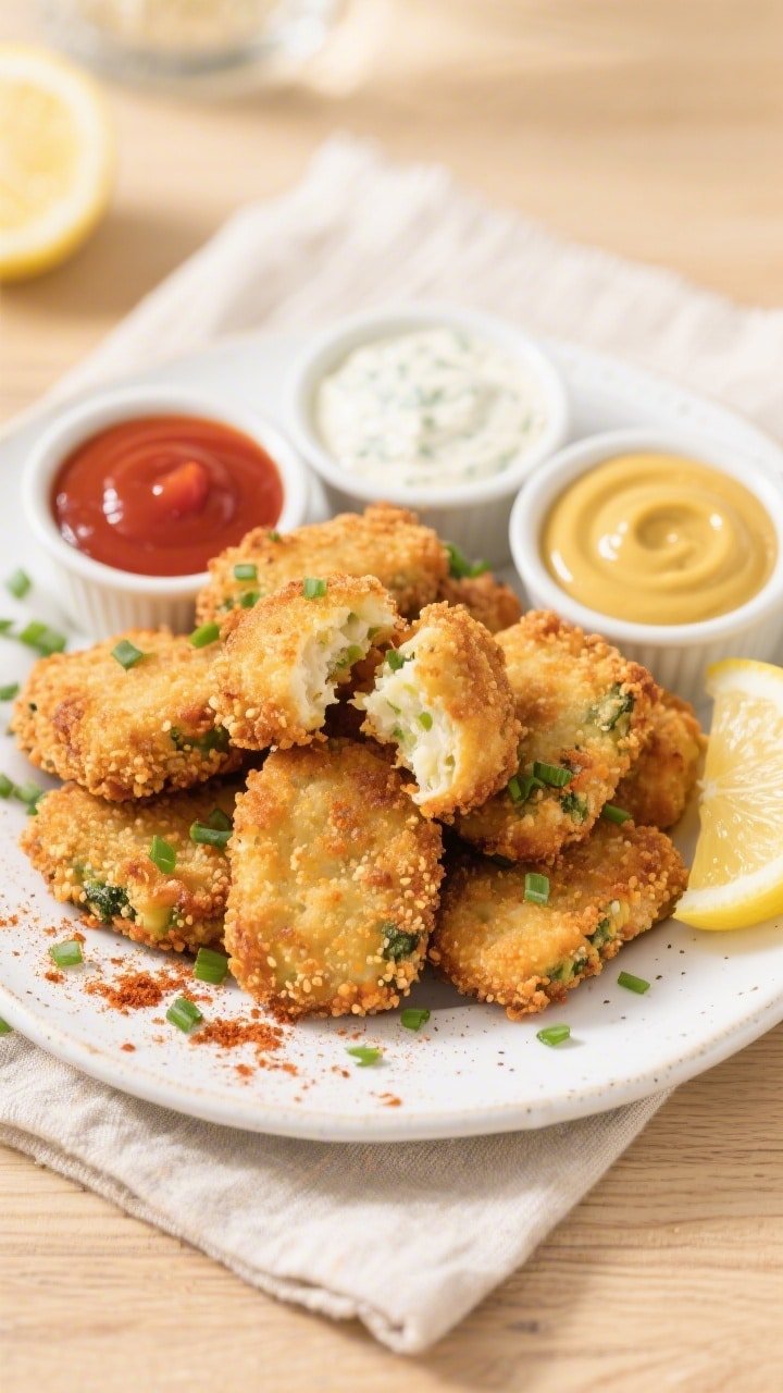 Overhead final presentation: Crispy air fryer veggie nuggets, uniformly 1/2-inch thick, piled on a w