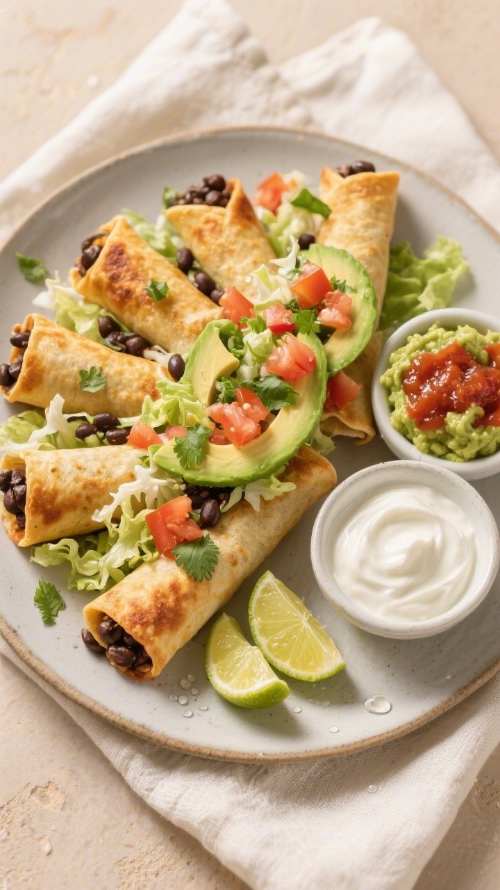 Overhead final presentation of Air Fryer Black Bean Taquitos arranged in a fan on a matte ceramic pl
