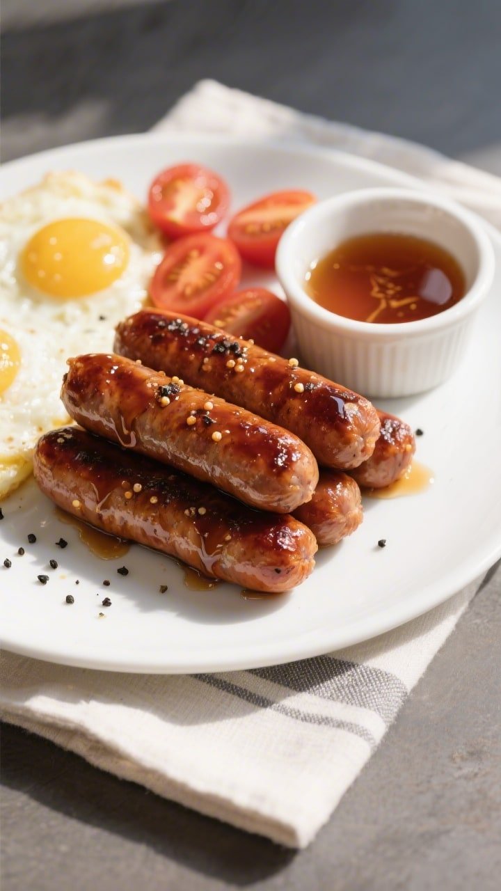 Overhead final presentation of juicy breakfast sausage links plated for a balanced morning meal: a n