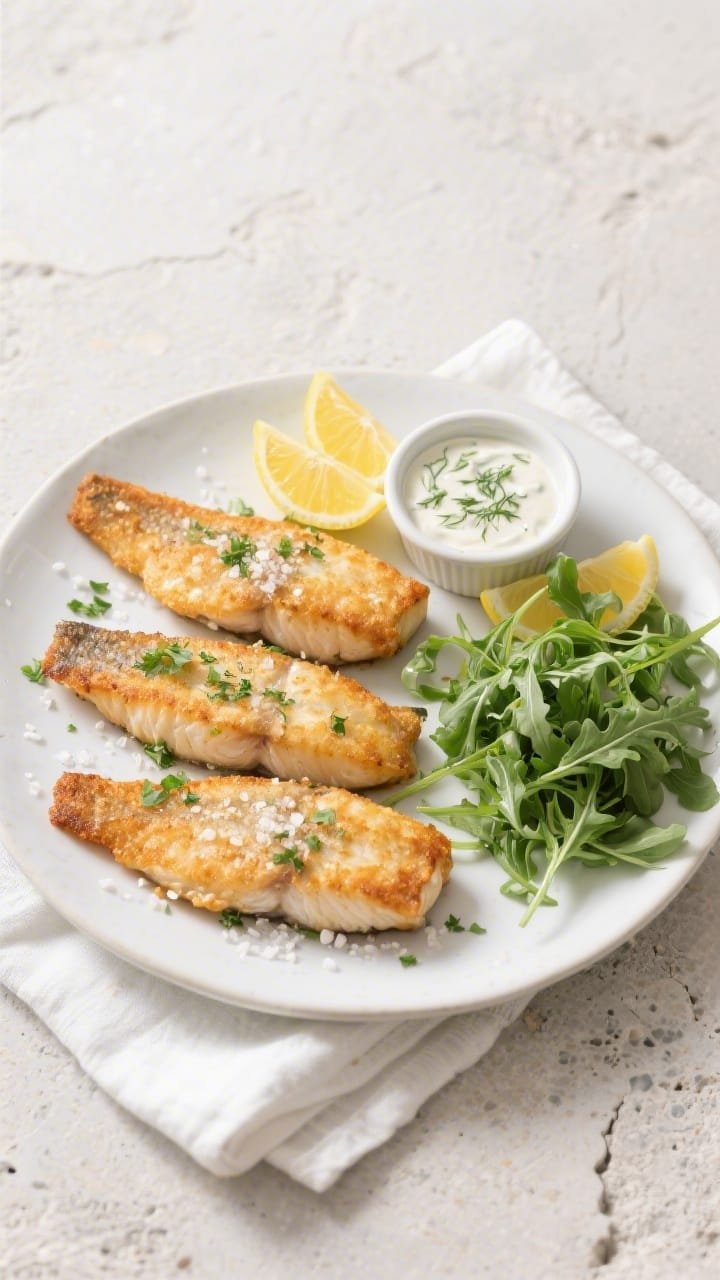 Overhead final presentation of Light & Flaky Air Fryer Pollock: four crisp fillets arranged on a whi