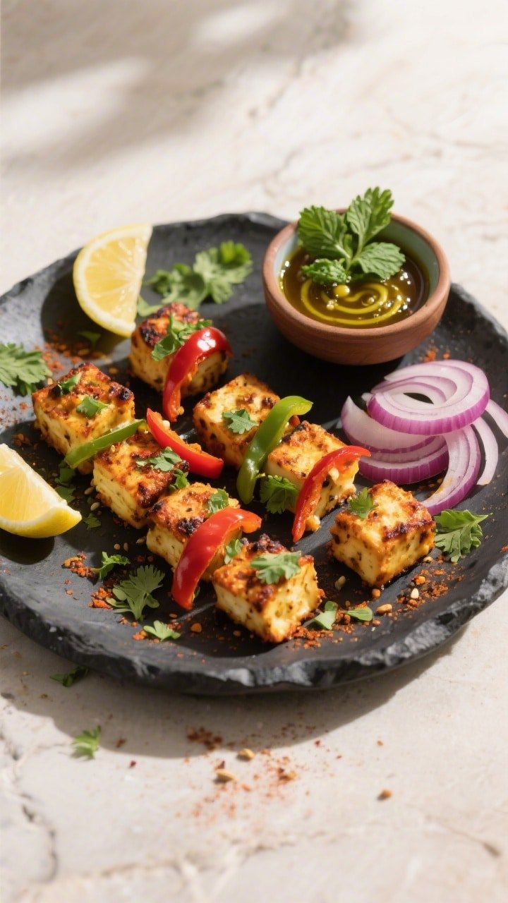 Overhead final presentation of paneer tikka bites on a charcoal ceramic platter: neatly arranged bit
