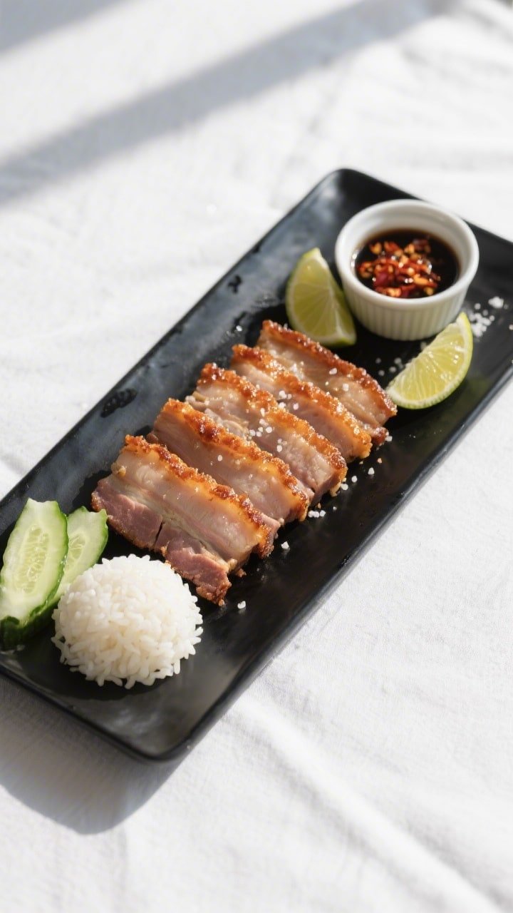 Overhead final presentation of sliced crispy pork belly arranged in neat rows on a matte black recta