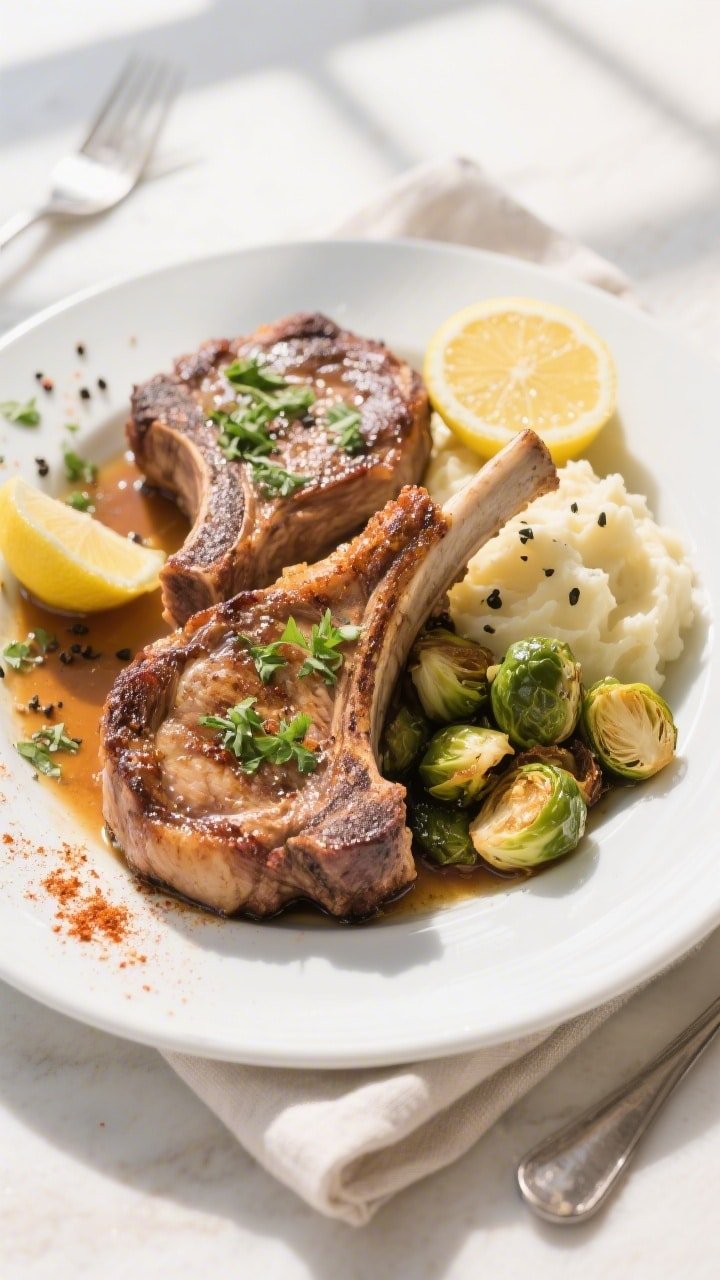 Overhead final presentation of two bone-in pork chops on a wide white plate, glistening crust and we