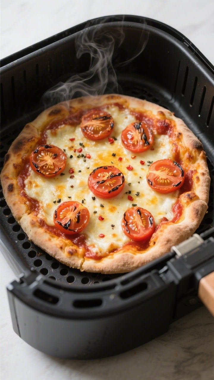 Overhead shot of a just-cooked Margherita flatbread pizza resting in an open air fryer basket at 375