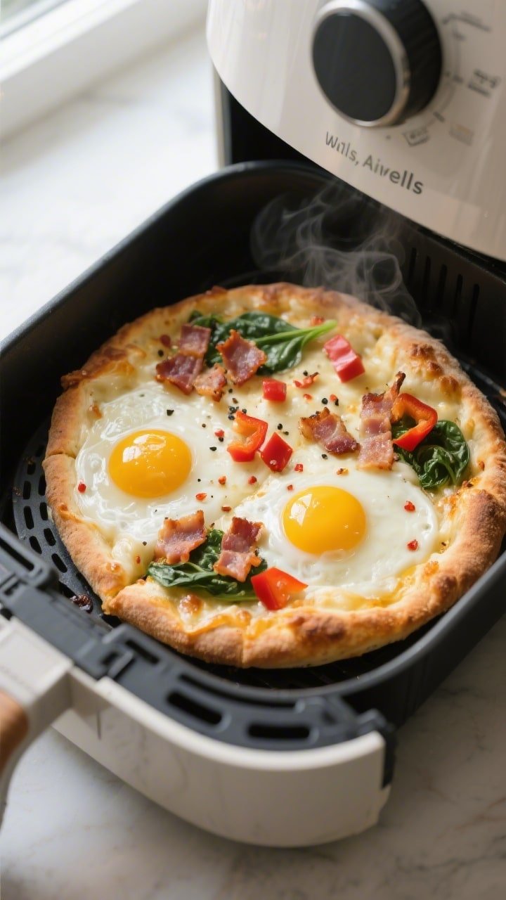 Overhead shot of an air fryer breakfast pizza mid-cook in the open air fryer basket: crisp golden cr
