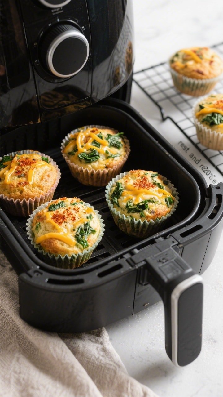 Overhead shot of freshly air-fried spinach and cheese breakfast muffins resting in silicone cups ins