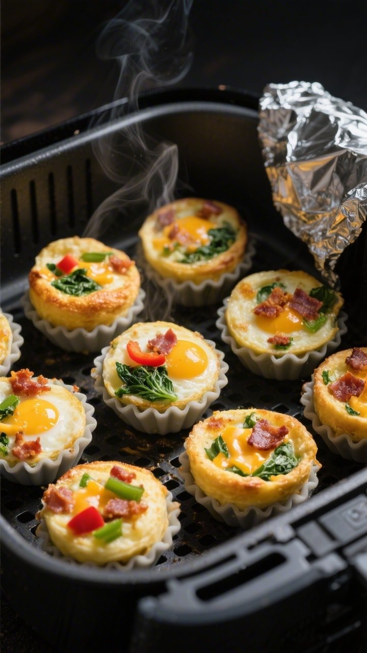 Overhead shot of freshly cooked low-carb air fryer egg bites resting in a silicone egg bite mold ins