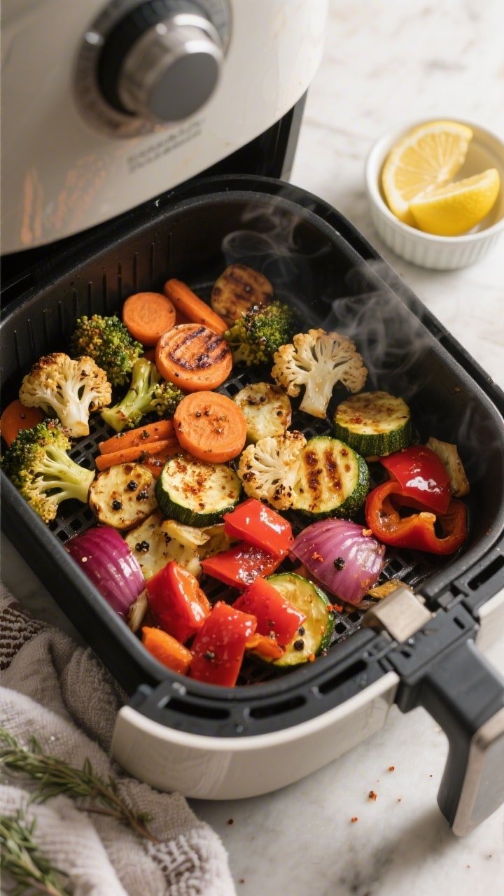 Overhead shot of mixed air-fried vegetables just finished cooking in an open air fryer basket: caram