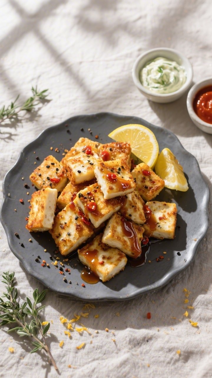 Tasty top view, final presentation: Overhead shot of a slate-gray plate piled with crispy air-fried 