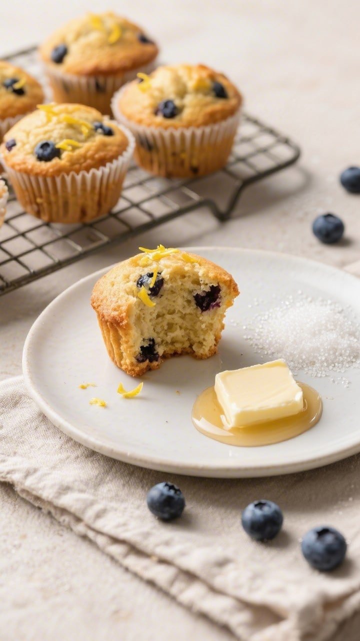 Tasty top view, final presentation: Overhead shot of a small-batch of golden blueberry muffins on a