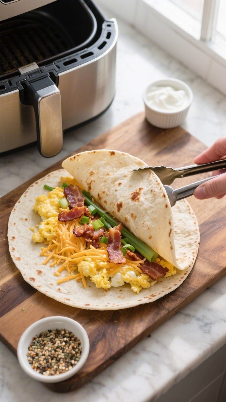 Tasty top view (process shot): Overhead shot of a just-assembled tortilla on a board after the light