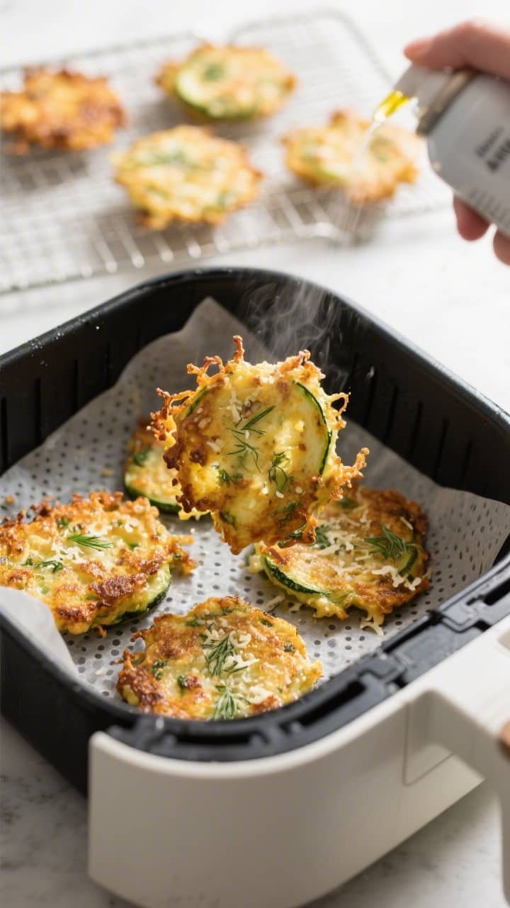 Air fryer cooking process shot: golden-brown zucchini fritters mid-cook in an open air fryer basket 