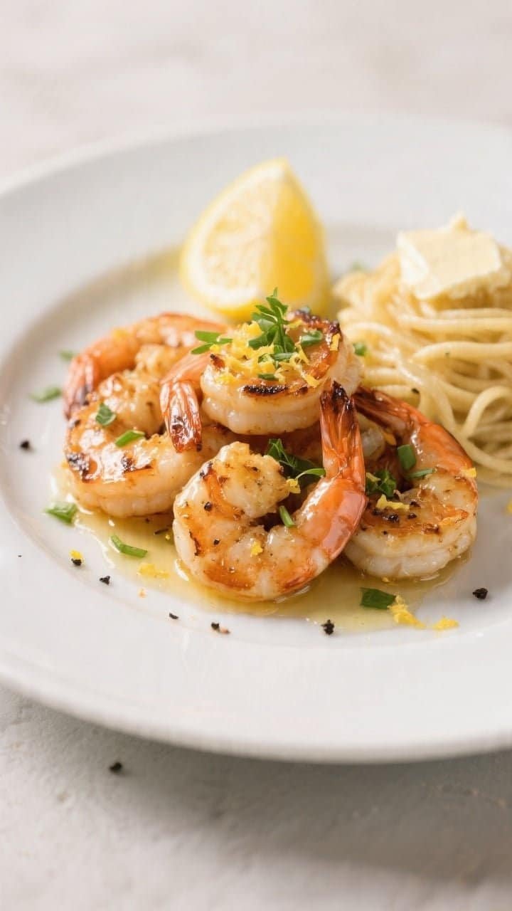 Beautifully plated final dish of lemon-garlic reheated shrimp: close-up, three-quarter angle on a ma