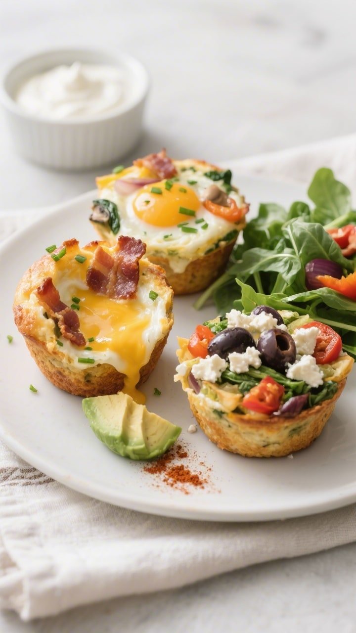 Beautifully plated final presentation of assorted keto egg muffins on a matte white plate: a Classic