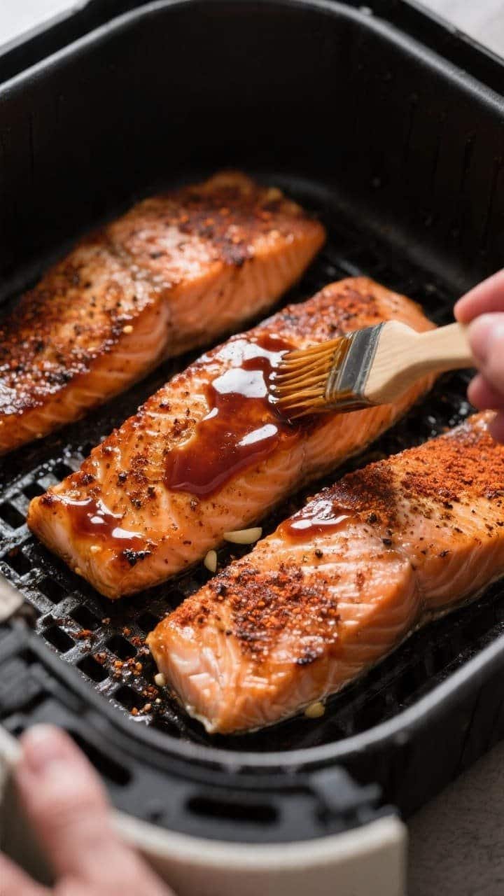 Close-up action shot of air fryer BBQ salmon mid-cook: four salmon fillets skin-side down in a prehe