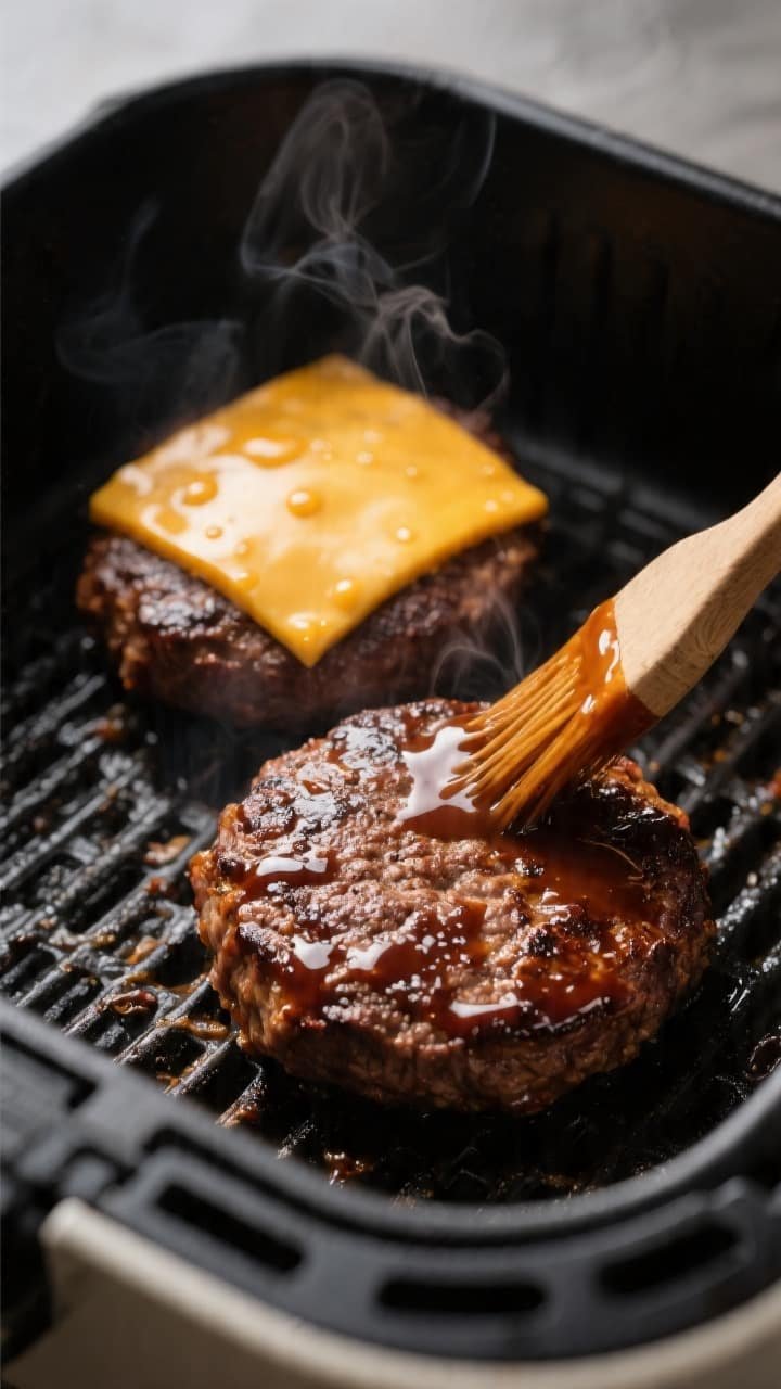 Close-up cooking process: Air fryer basket at 375°F with two sizzling BBQ-glazed beef patties (80/2