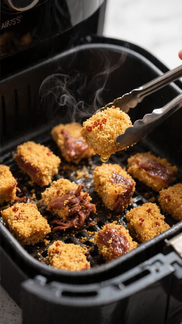 Close-up cooking process: Air fryer basket at 375°F filled with evenly spaced, nugget-shaped BBQ pu