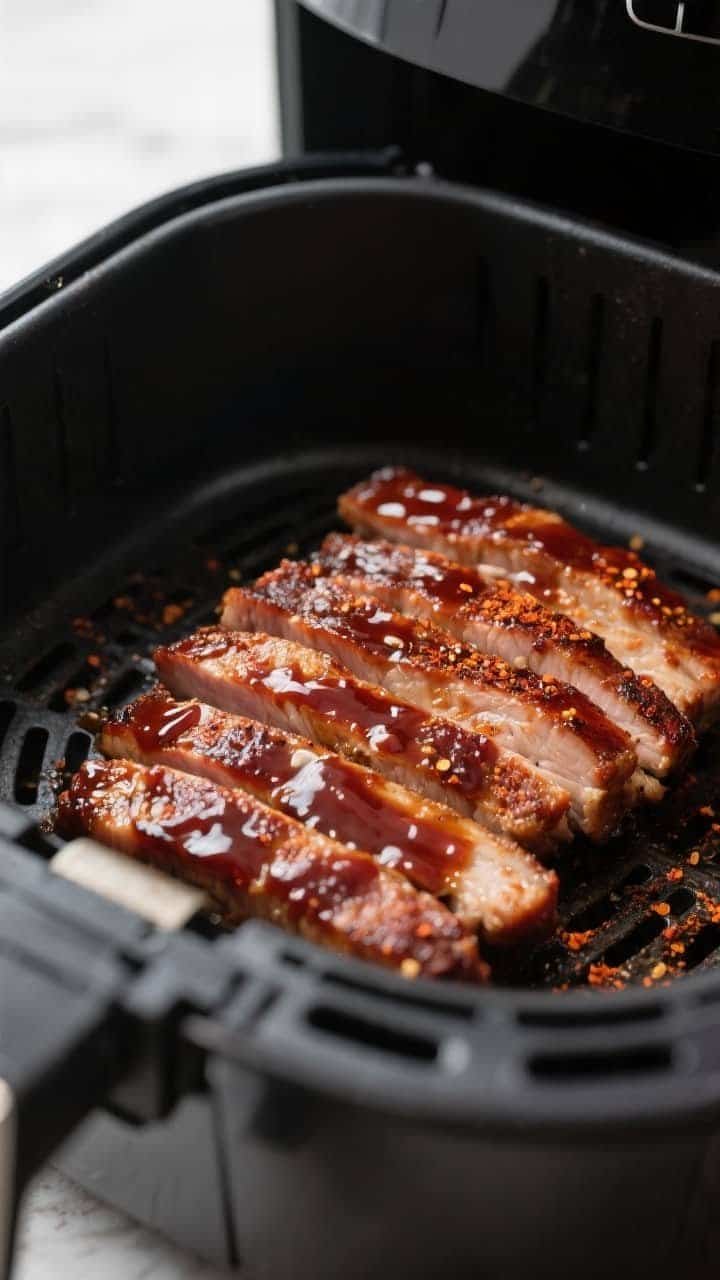 Close-up cooking process: Air fryer basket at 400°F with a single, spaced layer of cooked pork tend