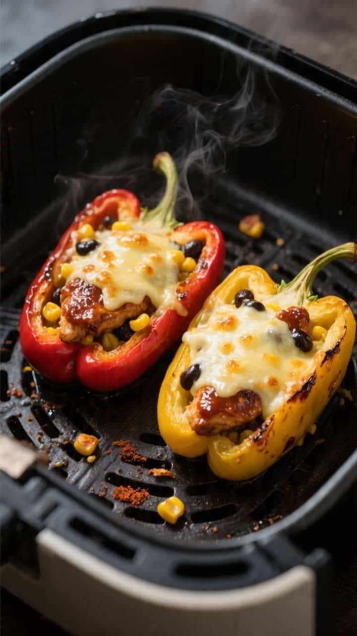 Close-up cooking process: Air fryer basket with BBQ chicken stuffed pepper halves cut side up at the