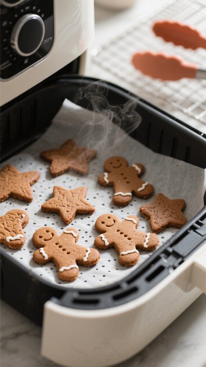 Close-up cooking process shot: Air fryer basket loaded with freshly cut gingerbread cookie shapes on