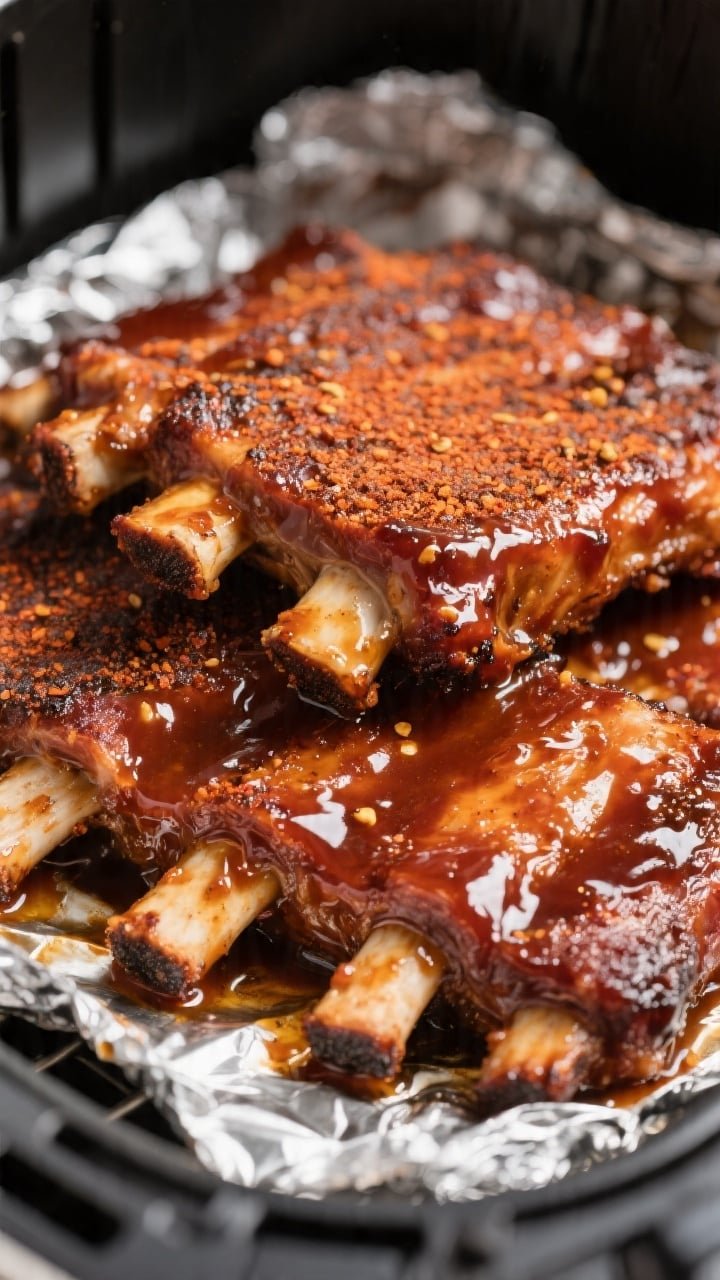 Close-up detail: Air-fried baby back ribs just after the glaze finish, meat-side up in the air fryer