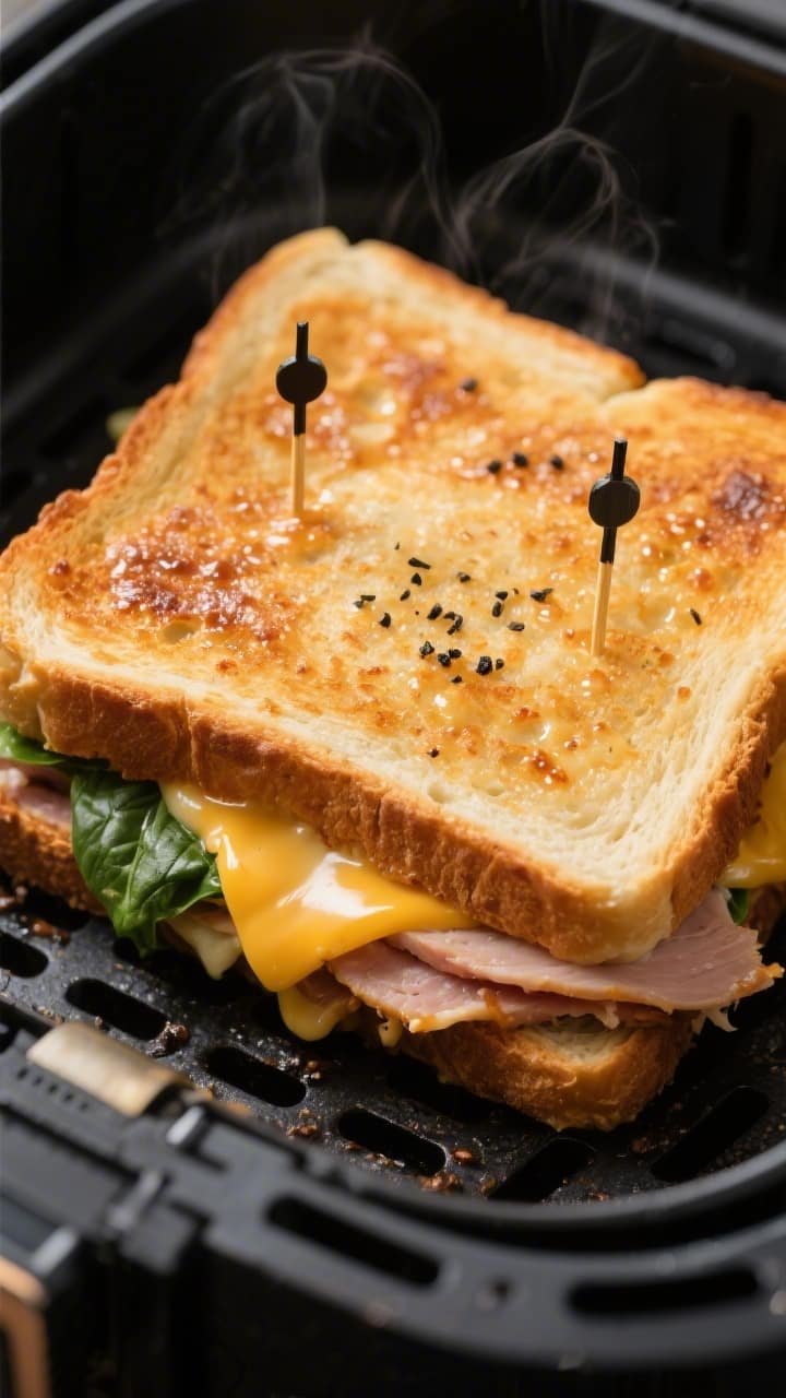 Close-up detail: Air-fried turkey melt mid-cook inside the basket at 375°F, top slice secured with 