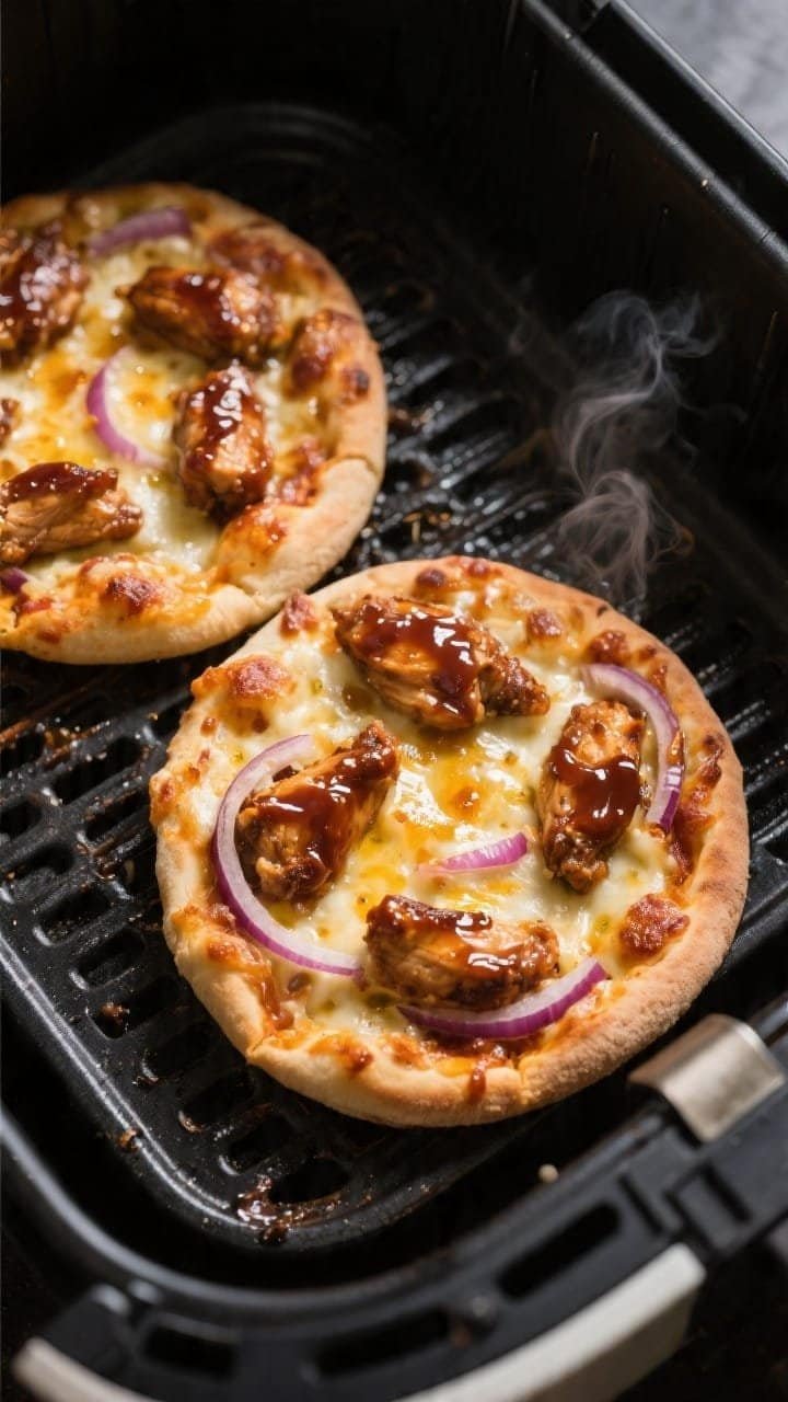 Close-up detail and cooking process: Air fryer basket with two personal-size BBQ chicken pizzas mid-