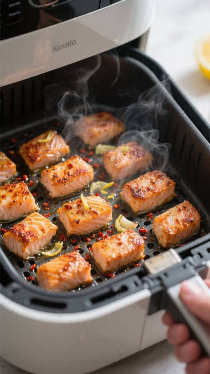 Close-up detail and cooking process: Air fryer basket with a single, evenly spaced layer of cooked k