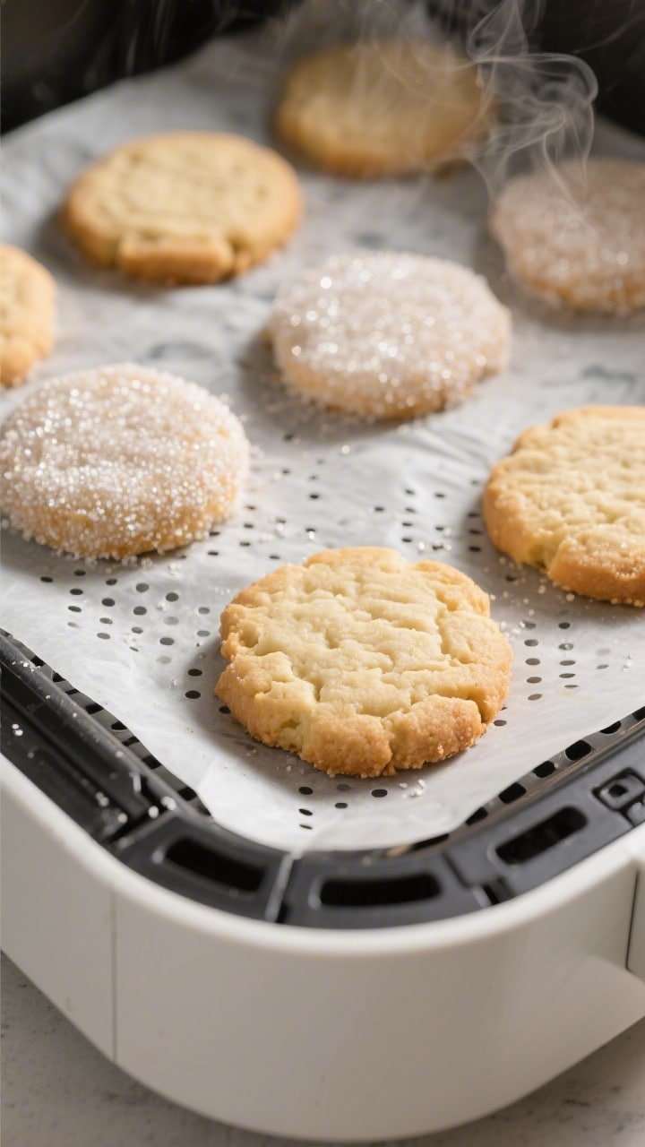 Close-up detail and cooking process: Air fryer sugar cookies mid-bake at 320°F on neatly trimmed pe
