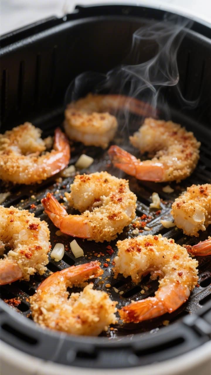 Close-up detail and cooking process: Golden air-fried shrimp sizzling in a preheated air fryer baske