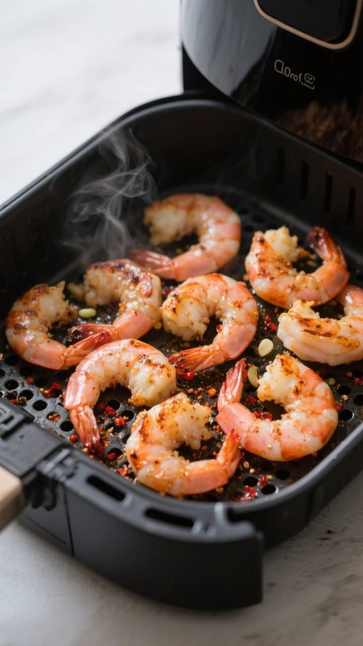 Close-up detail and cooking process: Juicy air-fried shrimp mid-cook in an open air fryer basket at 