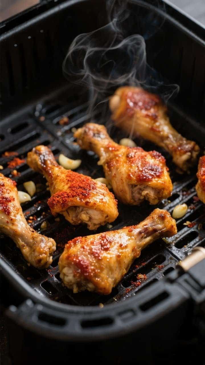 Close-up detail, cooking process: Air-fried keto chicken drumsticks mid-cook in an open air fryer ba
