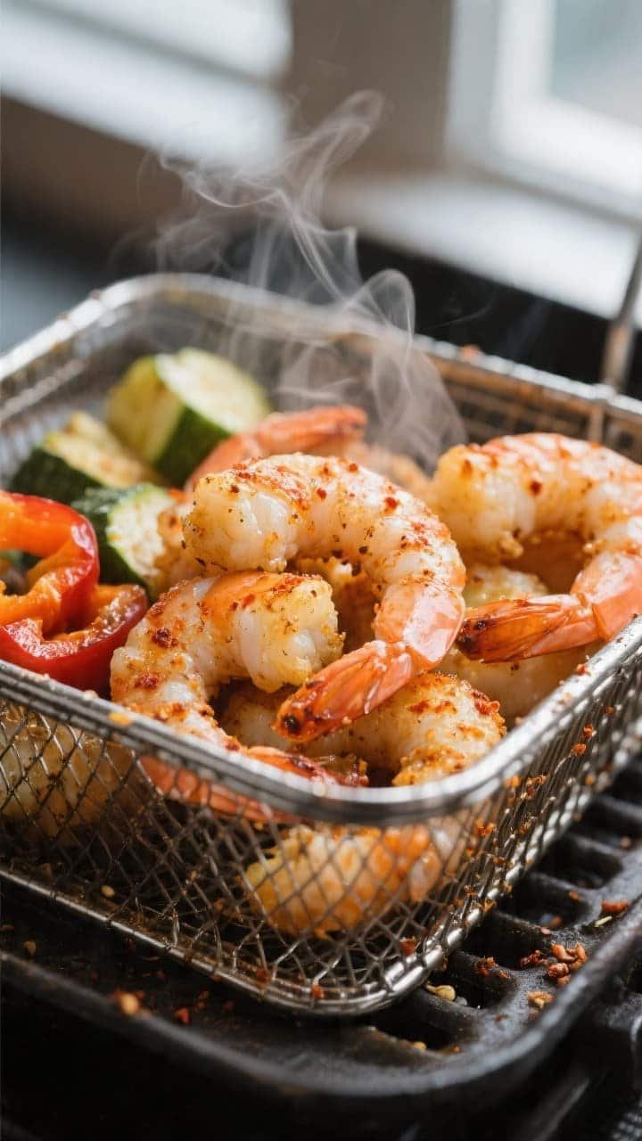 Close-up detail, cooking process: Air-fried shrimp just finished in a preheated basket at 390°F, cu