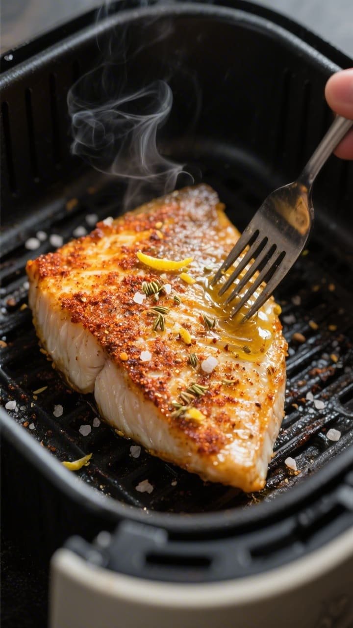 Close-up detail, cooking process: Air-fried snapper fillet just finished cooking in a preheated air