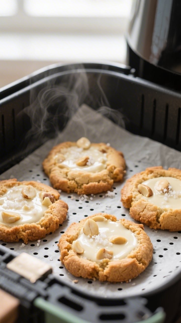 Close-up detail, cooking process: Air fryer basket lined with perforated parchment holding 5 freshly