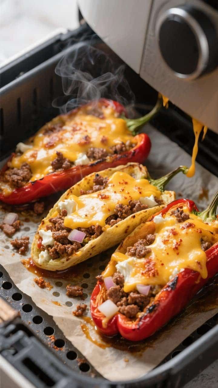 Close-up detail/cooking process: Air fryer basket with three upright taco-stuffed bell peppers mid-c