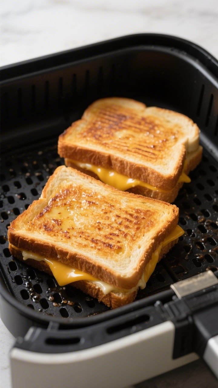 Close-up detail, cooking process: Air fryer basket with two assembled grilled cheese sandwiches mid-