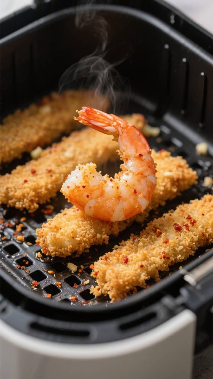 Close-up detail, cooking process: Air fryer basket with a single, spaced layer of golden panko-bread