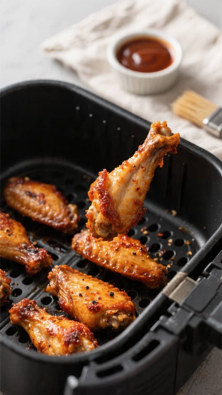 Close-up detail, cooking process: Air fryer basket filled with a single, spaced layer of fully cooke
