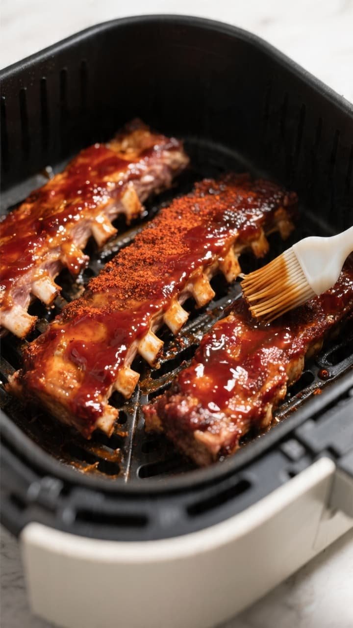 Close-up detail, cooking process: Air fryer basket with cut sections of baby back pork ribs in the s