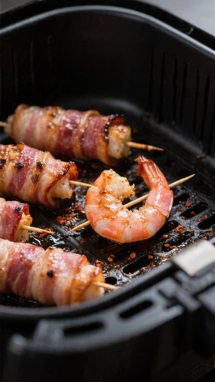 Close-up detail, cooking process: Air fryer basket at 390–400°F with a single layer of bacon-wrap