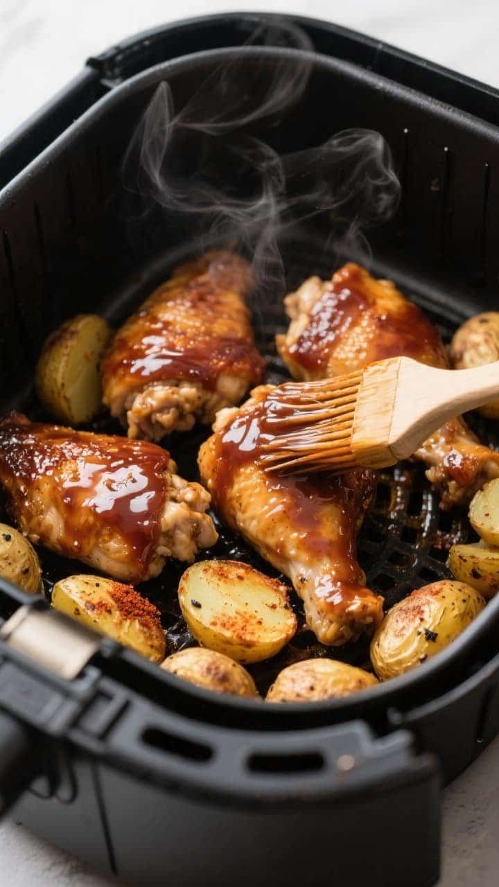 Close-up detail, cooking process: Air fryer basket just opened at the saucing stage, boneless chicke