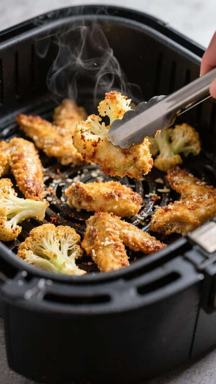 Close-up detail, cooking process: Air fryer basket with a single layer of golden-brown keto cauliflo