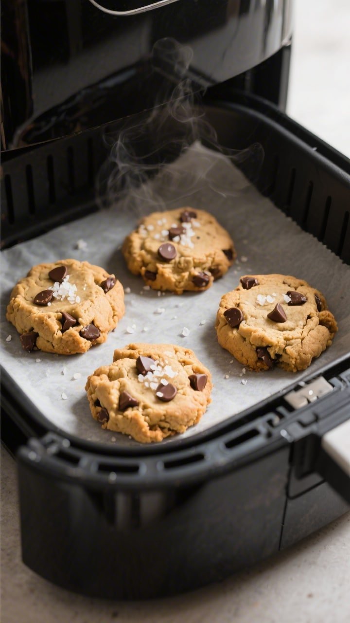 Close-up detail, cooking process: Air fryer basket lined with parchment holding 4 chocolate chip coo