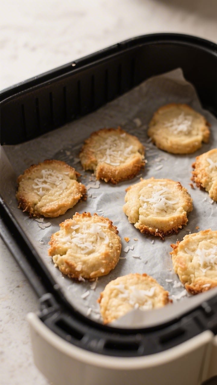 Close-up detail, cooking process: Air fryer coconut cookies mid-bake in a preheated basket at 320°F