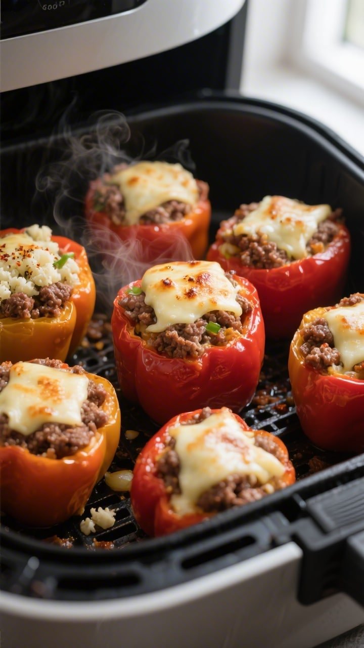 Close-up detail, cooking process: Air fryer keto stuffed peppers cooking in an air fryer basket at 3