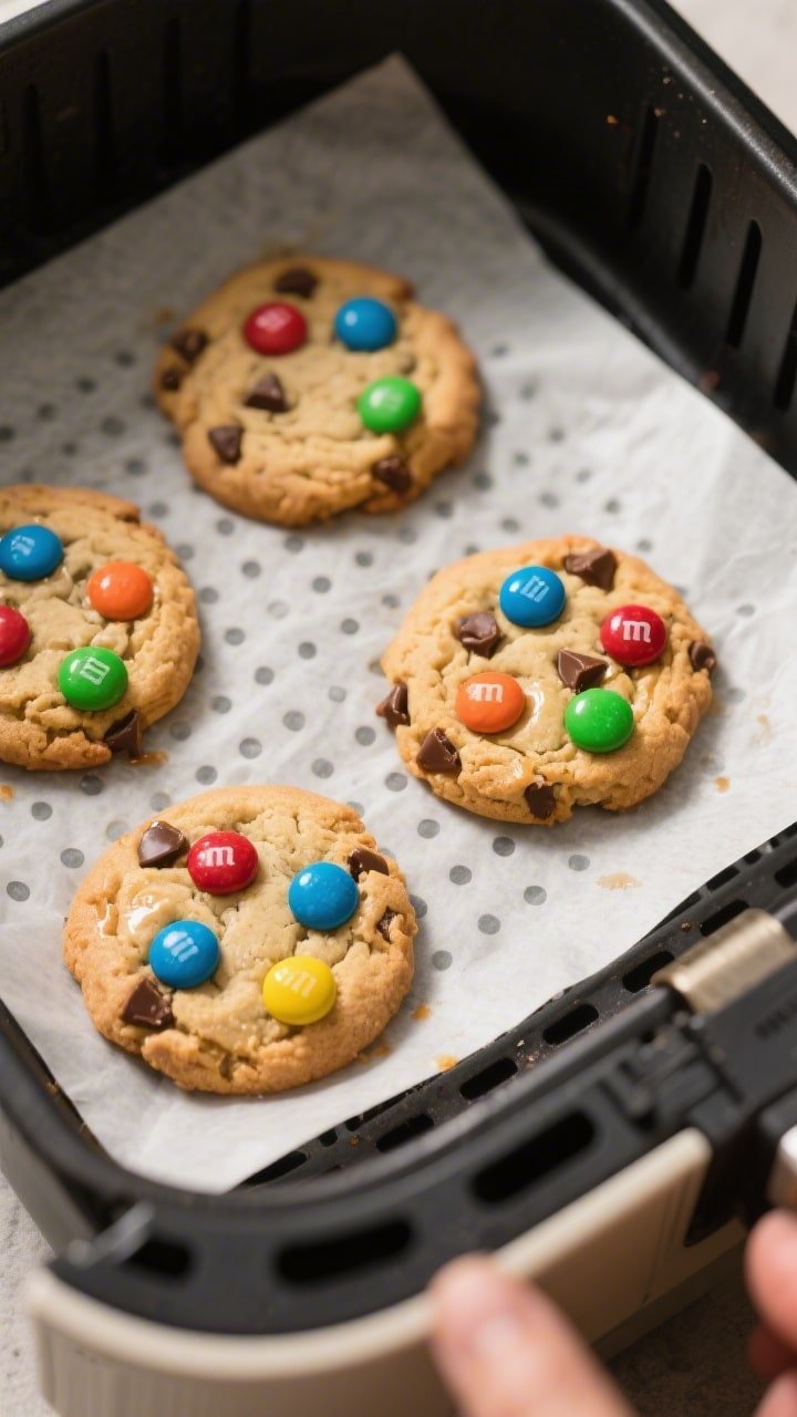 Close-up detail, cooking process: Air fryer M&M cookies mid-bake inside a preheated air fryer at 320