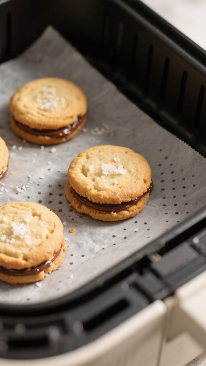Close-up detail, cooking process: Air fryer Nutella stuffed cookies mid-bake inside a lined air frye