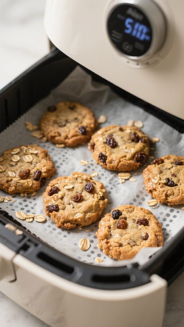 Close-up detail, cooking process: Air fryer oatmeal raisin cookies mid-bake inside a basket lined wi